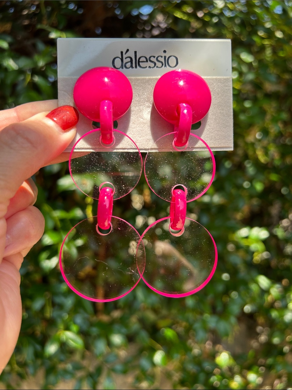 ‘80s d'alessio Hot Pink Acrylic Discs Drop Pierced Earrings